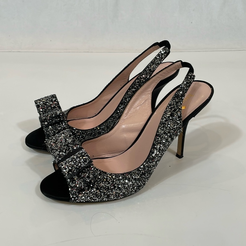 Kate Spade Glitter New York Heels Sandal Size 9.5 Black Silver Bow EUC